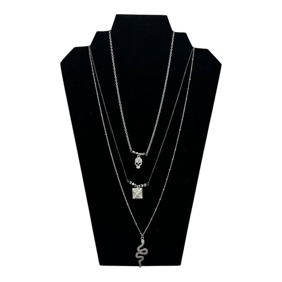 Target 3pc Layered Necklace Set With Skull Snake & Square Charms Silver Tone - Picture 6 of 15